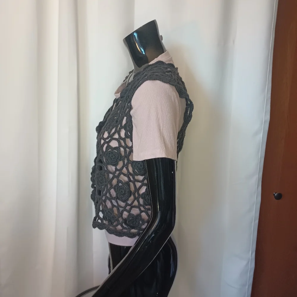 Vintage Cherry Stix Womens Crochet Button Vest OS/ S-M  Black 90s Fairy Grunge - Picture 6 of 11